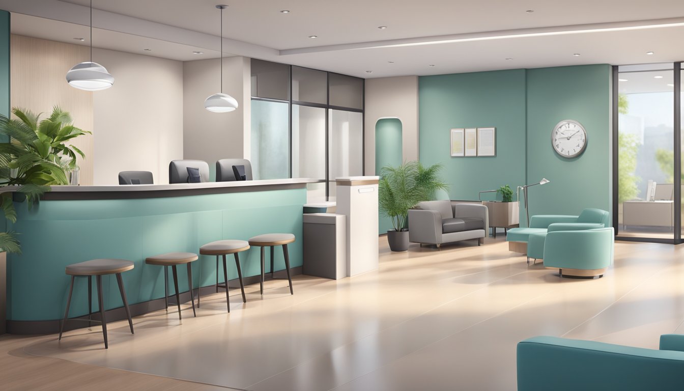 A modern medical concierge office with sleek furniture and a soothing color palette. A reception desk with friendly staff and a waiting area with comfortable seating and calming decor