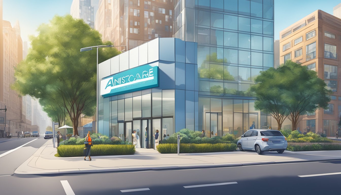 AnistarCare's logo displayed on a sleek, modern medical concierge office signboard against a backdrop of a bustling city street