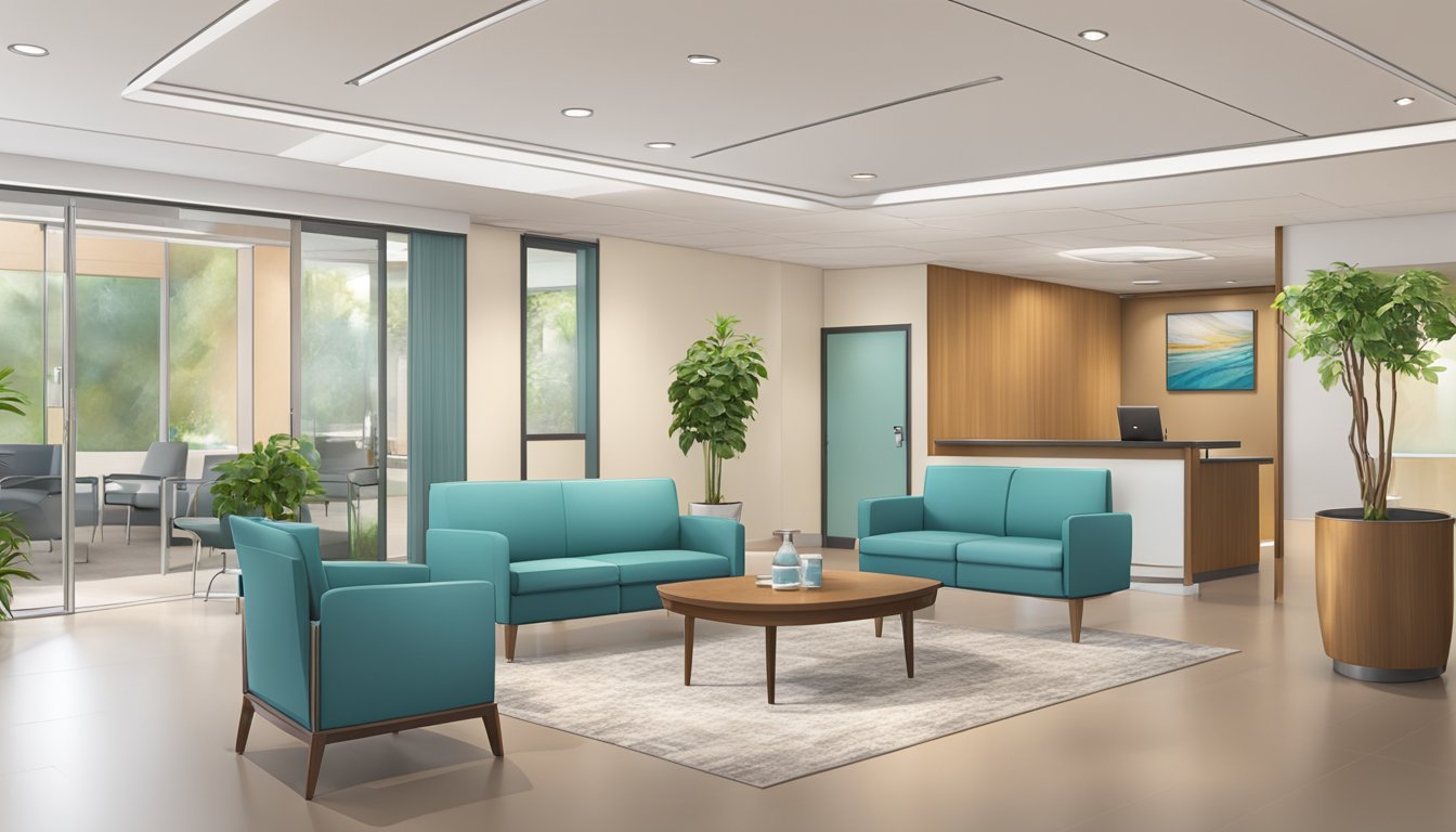 AnistarCare's medical concierge services: a serene waiting room with modern decor, a reception desk with friendly staff, and a consulting room with state-of-the-art equipment