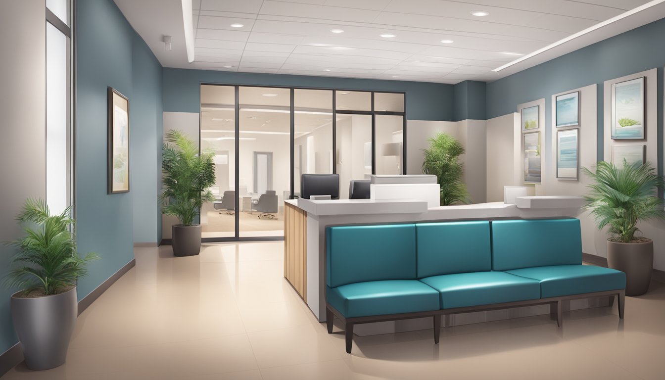 A modern, clean medical concierge office with a welcoming reception area, comfortable seating, and professional staff assisting clients