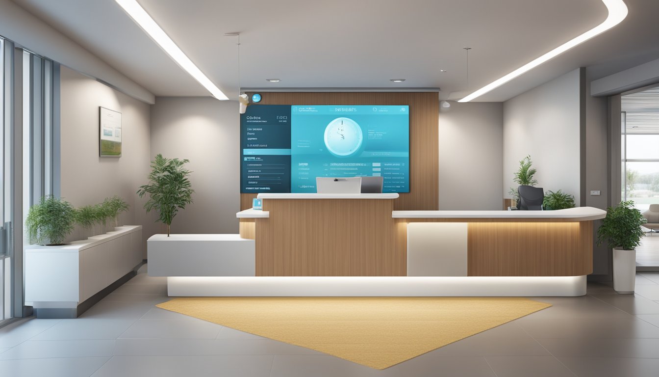 A bright, modern medical concierge office with sleek furniture and a welcoming reception area. The contact information and opening hours are prominently displayed on a digital screen