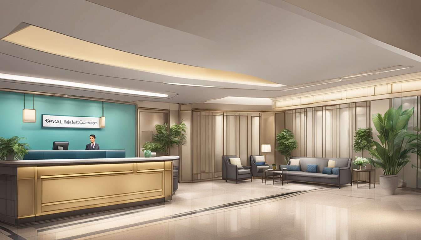 A luxurious waiting area with modern decor, comfortable seating, and a reception desk with friendly staff. A sign reads "Royal Healthcare - Medical Concierge SG."