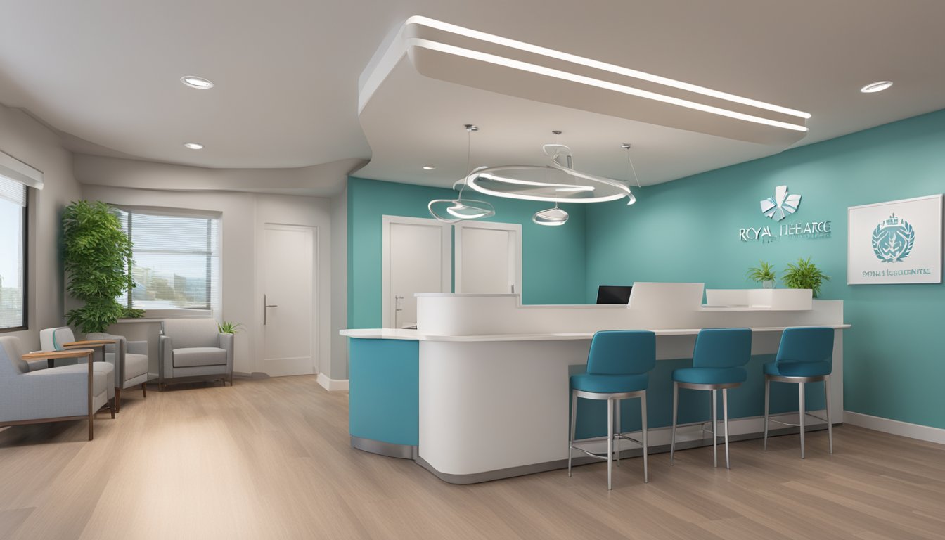 A modern medical concierge office with sleek furniture, calming colors, and a reception area with friendly staff. The logo "Royal Healthcare" is prominently displayed on the wall