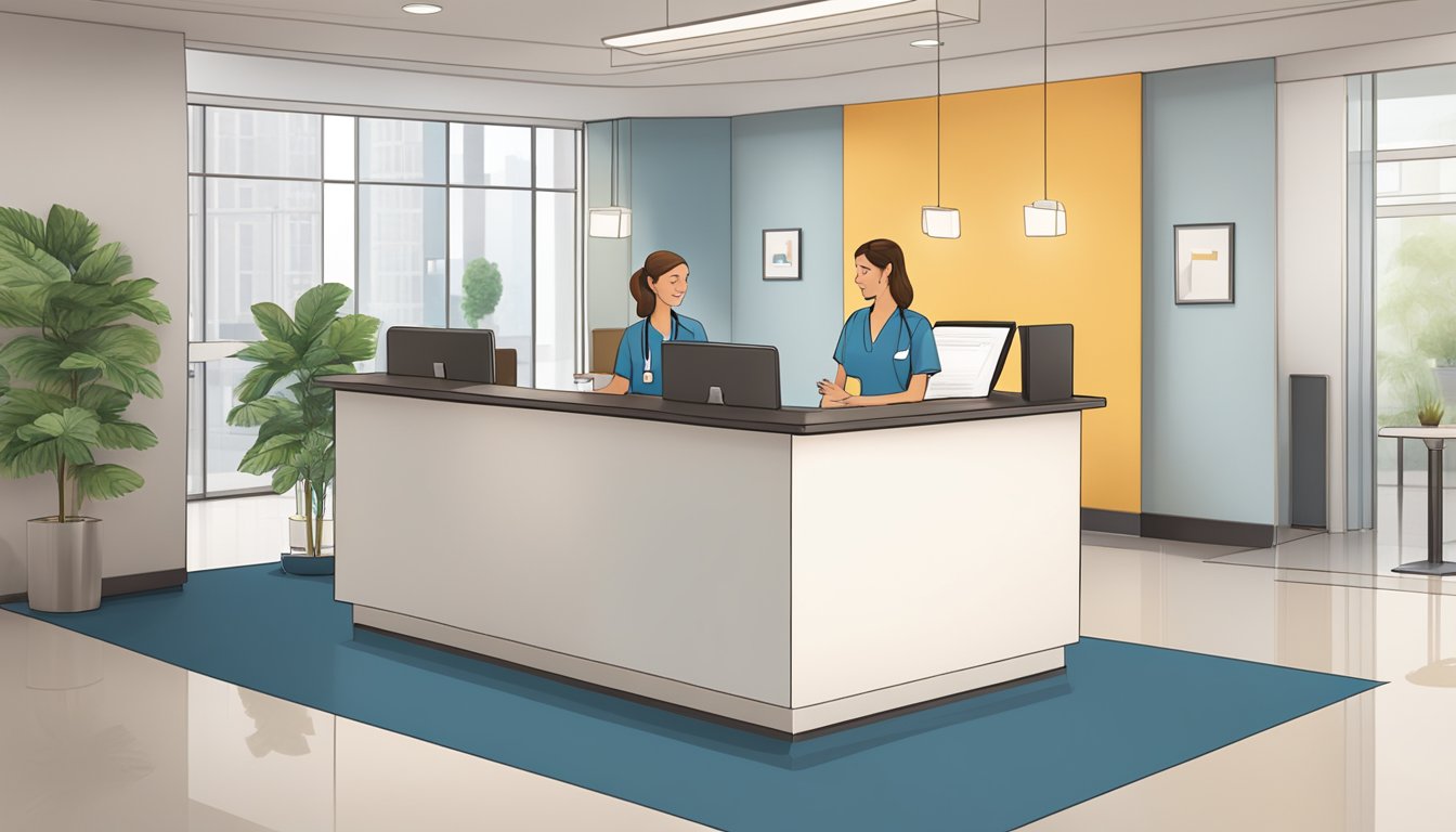 A welcoming reception area with comfortable seating, a sleek reception desk, and a friendly staff member assisting a patient