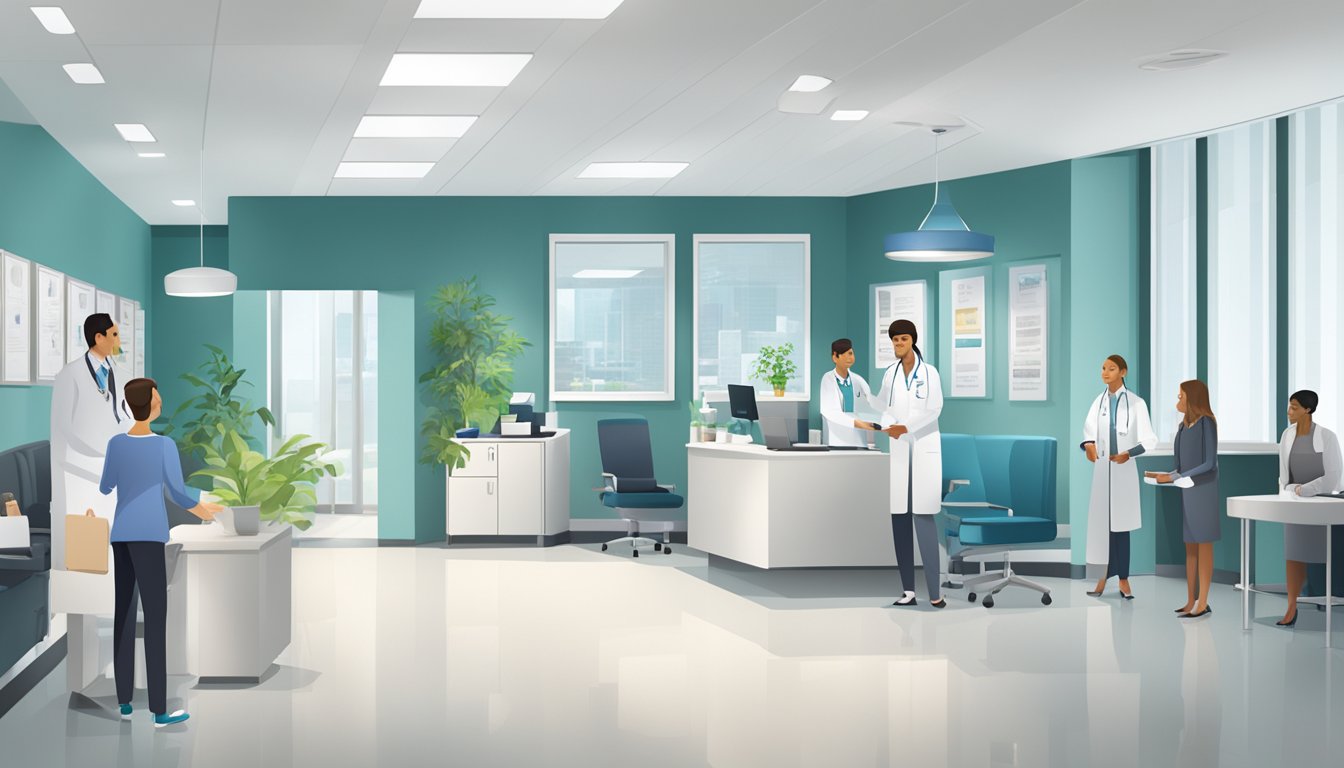 A bustling medical concierge office with a modern, clean design. Patients are seen receiving personalized care from attentive staff