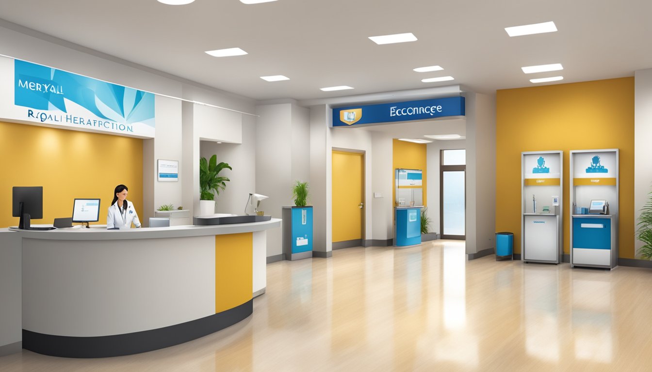 A bright, modern medical concierge desk with a friendly receptionist. The logo "Royal Healthcare" is prominently displayed. The surrounding area is clean and inviting. Open hours are clearly posted