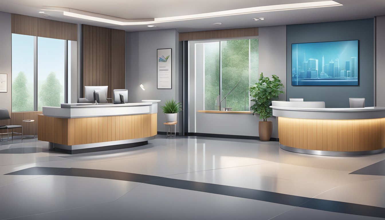 A modern medical concierge office with a sleek reception desk, comfortable waiting area, and professional staff assisting patients