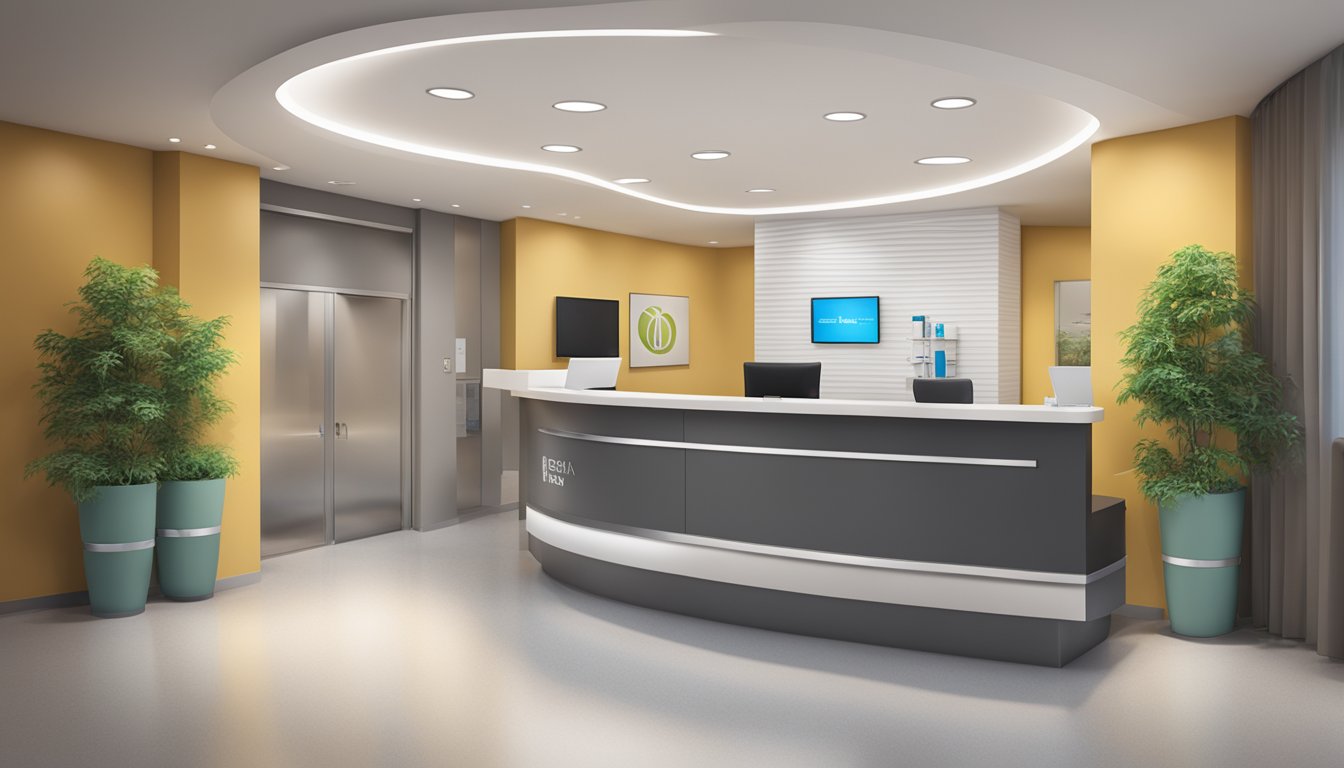 A modern medical concierge office with sleek furniture, a reception desk, and a logo prominently displayed on the wall