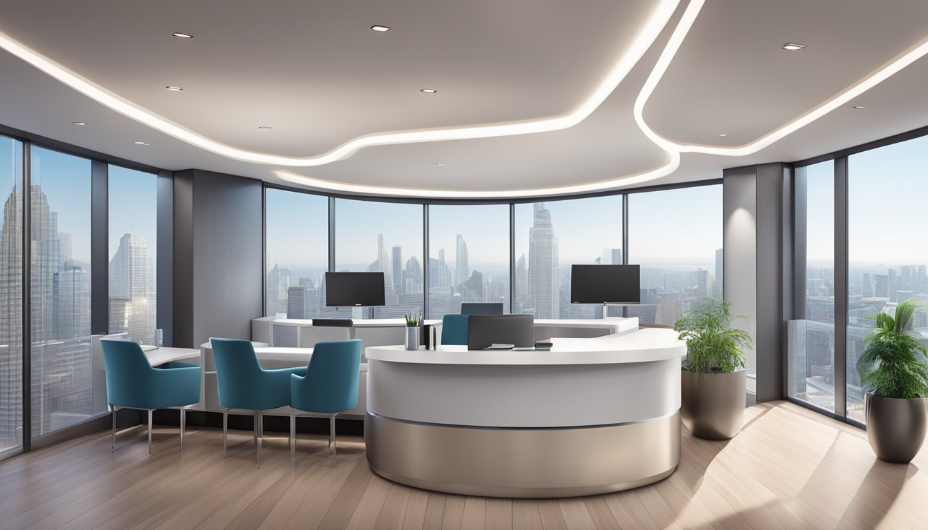 A modern medical concierge office with a sleek reception desk, comfortable seating, and a backdrop of city skyline through large windows