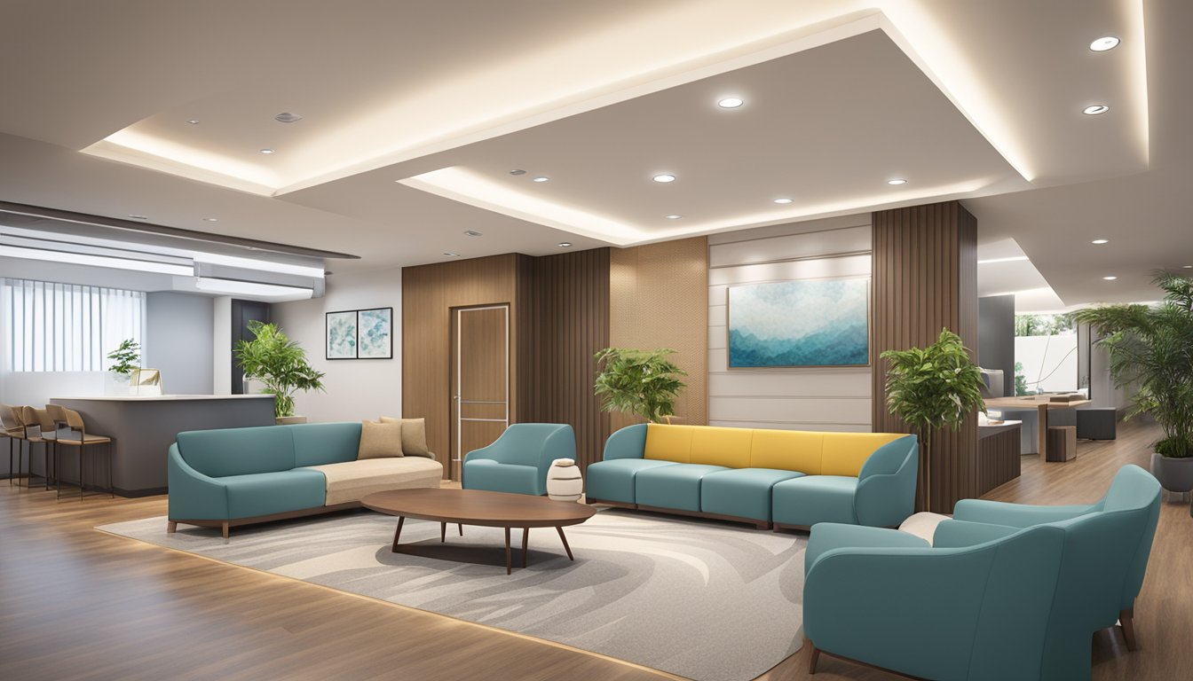 A welcoming reception area with modern decor and comfortable seating at MED Expert Pte Ltd. Bright lighting and a clean, organized space