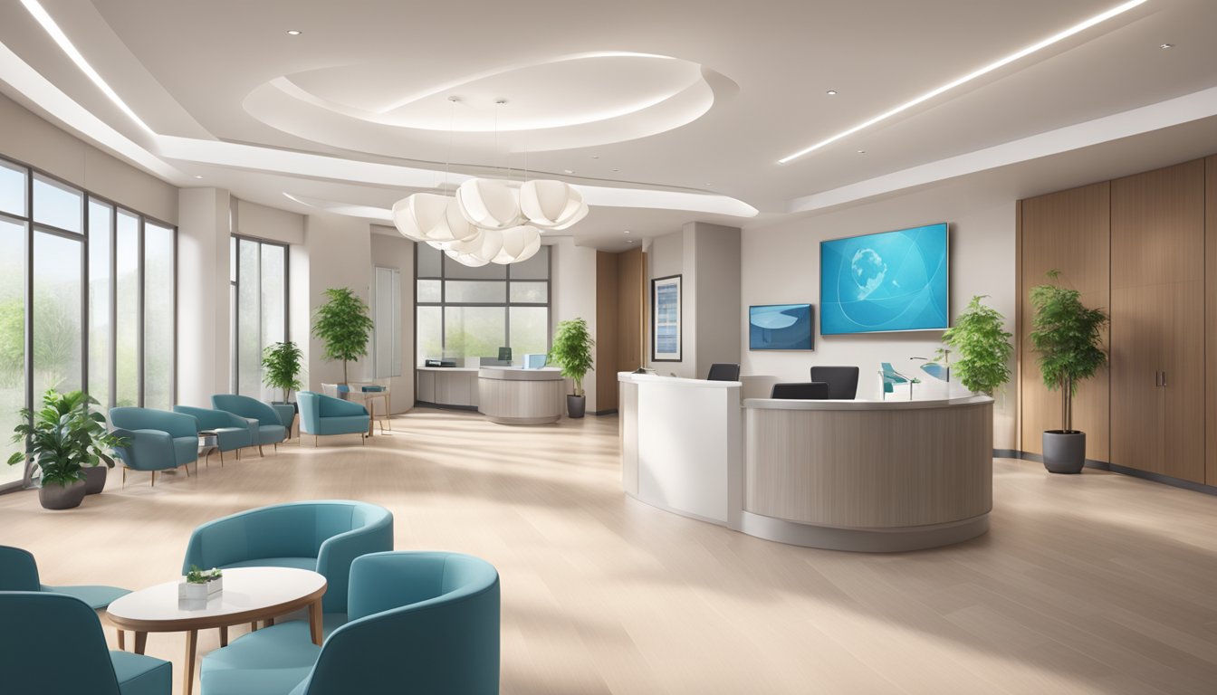 A modern medical concierge office with sleek furniture and a welcoming reception area. The space is bright and airy, with large windows and a professional, yet inviting atmosphere
