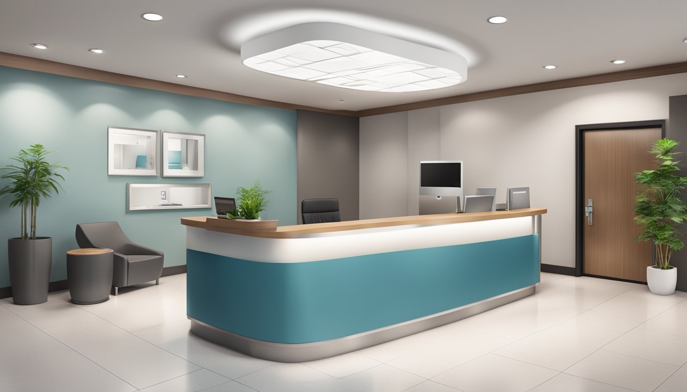 A modern medical concierge office with sleek furniture and a reception desk. The company name and contact information are displayed prominently
