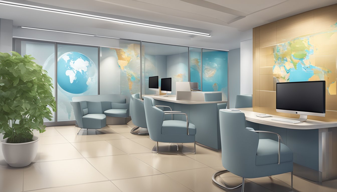A modern, sleek medical concierge office with a global theme. A world map on the wall, comfortable seating, and a professional, welcoming atmosphere