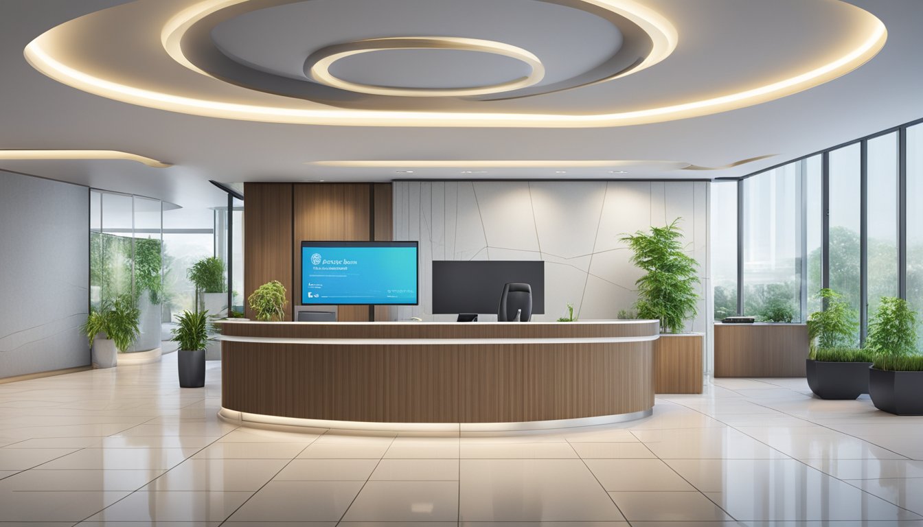 EMA Global - Medical Concierge SG, a modern office with sleek design, large windows, and a welcoming reception area. The contact information and opening hours are prominently displayed on a digital screen near the entrance