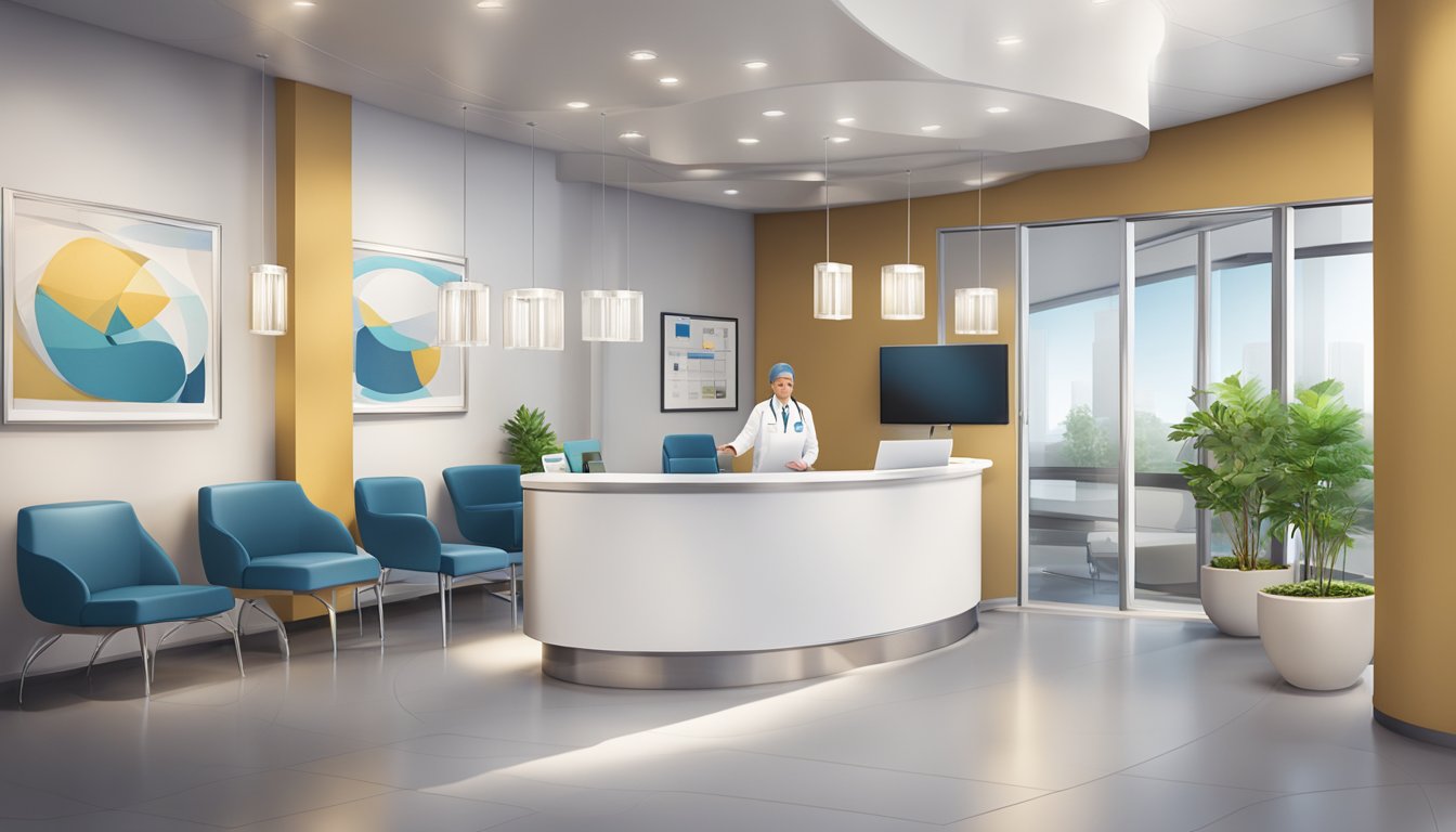 A modern, sleek medical concierge office with a welcoming reception area and state-of-the-art equipment