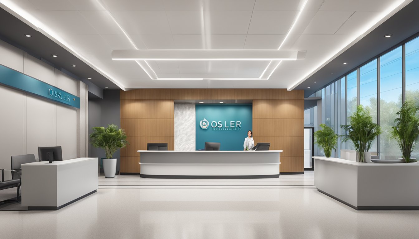 A modern medical concierge facility with sleek architecture and a welcoming reception area. The logo of Osler Health International is prominently displayed on the front facade