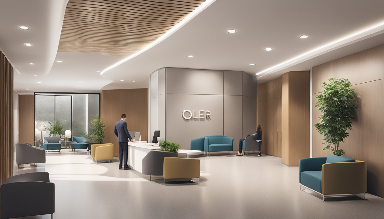 A sleek, modern medical concierge office with a professional reception area and comfortable waiting room. Clean, minimalist design with Osler Health International branding