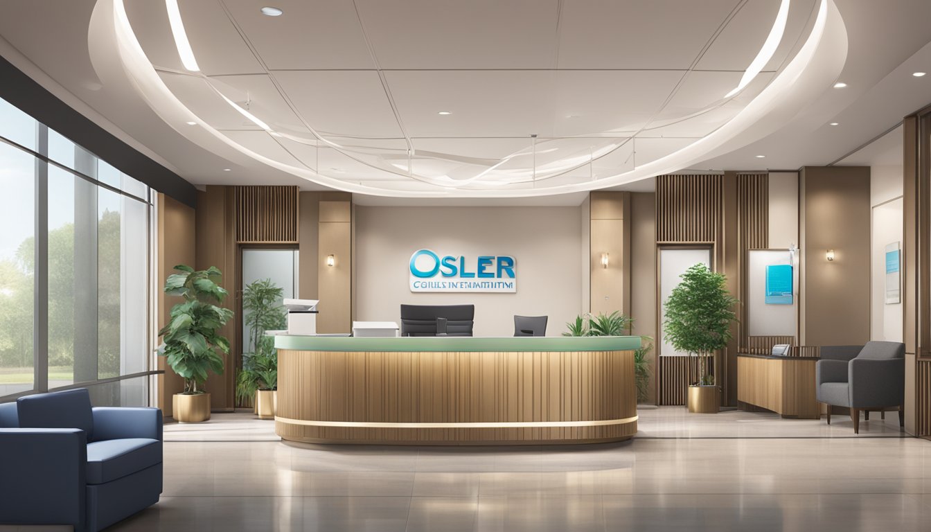 The scene depicts a modern medical concierge office with sleek furniture and a reception desk. The logo of "Osler Health International" is prominently displayed. The office is well-lit and welcoming
