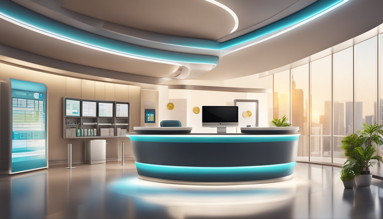 A modern medical concierge desk with a sleek design, computer screens, and a welcoming atmosphere