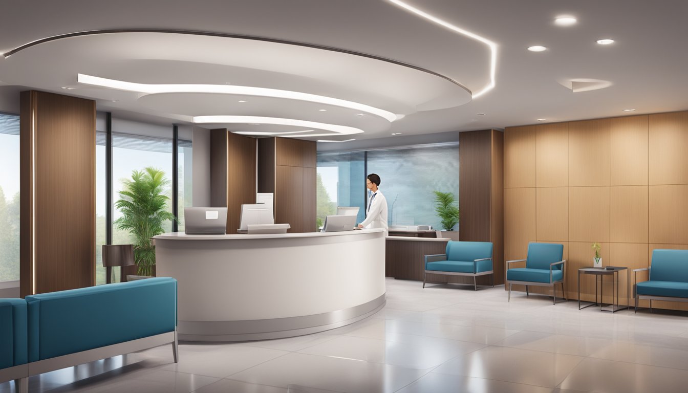 A modern, sleek medical concierge office with a welcoming reception area, comfortable seating, and a professional staff assisting patients