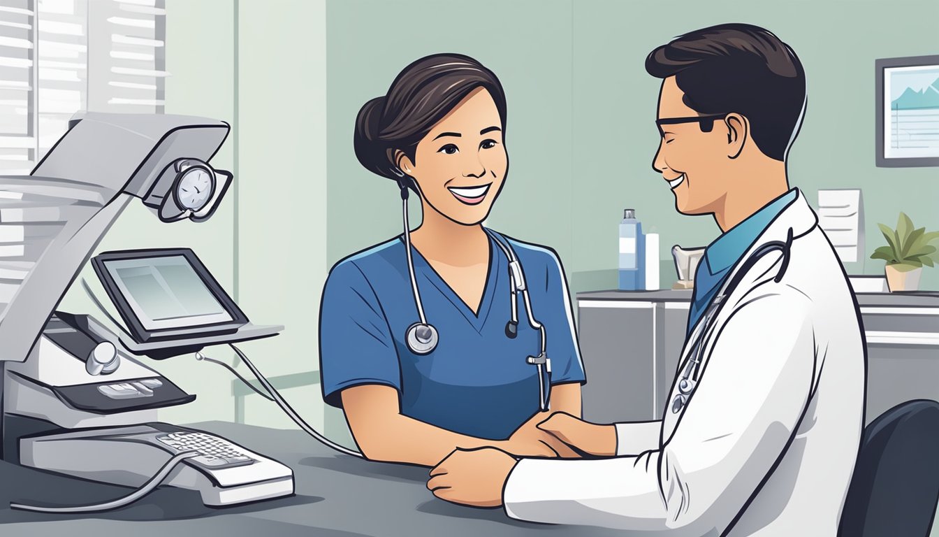 A medical concierge assisting a patient with a warm, welcoming smile