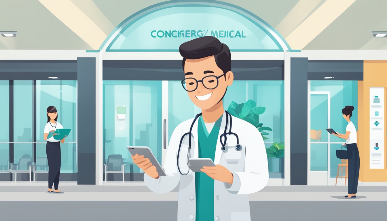 A smiling patient holds a smartphone, reading a positive review of Lylo - Medical Concierge SG. The background shows a modern medical facility with a welcoming atmosphere