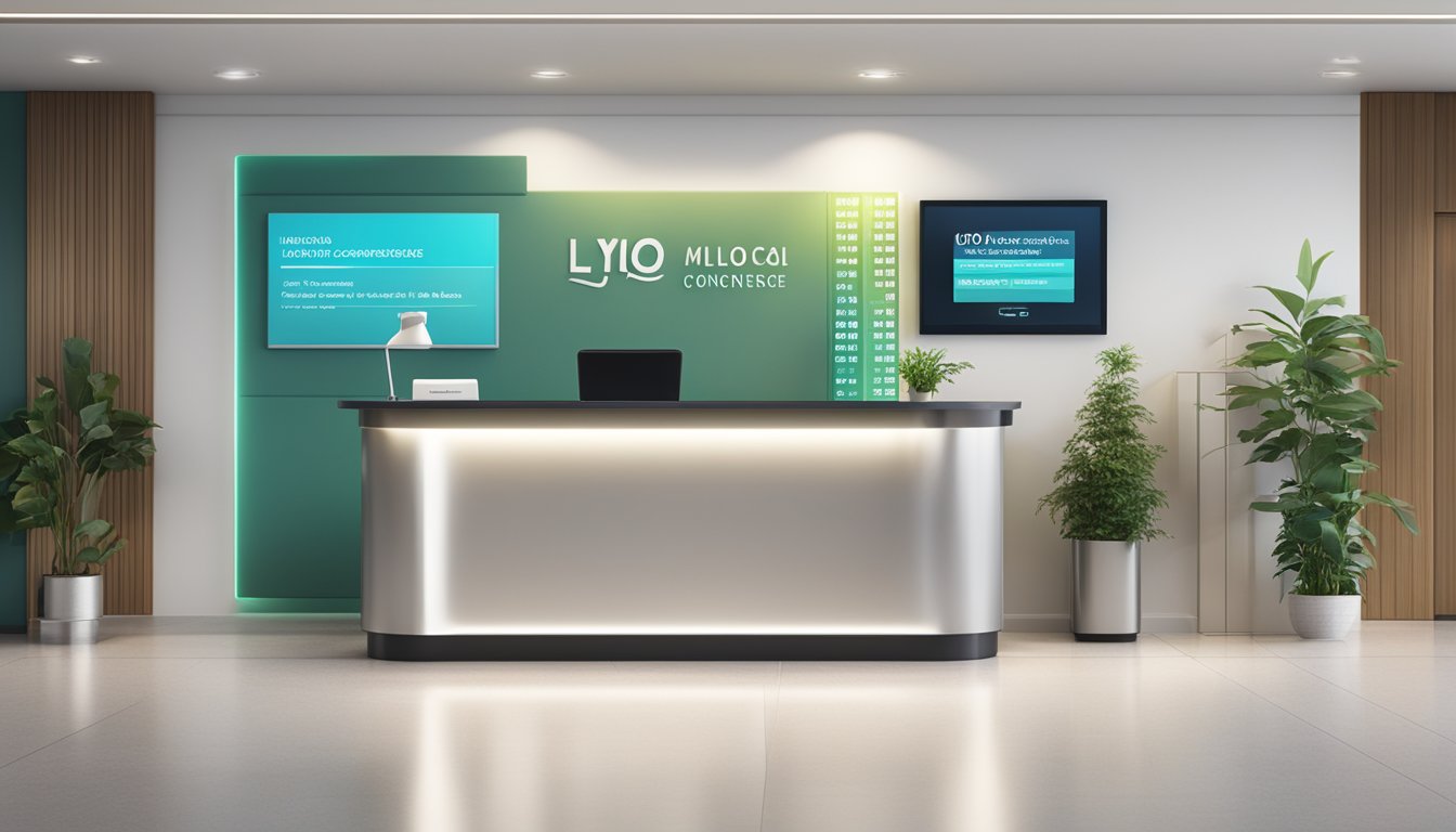 A modern, sleek reception desk with a sign reading "Lylo - Medical Concierge SG" and a digital display showing opening hours and contact information
