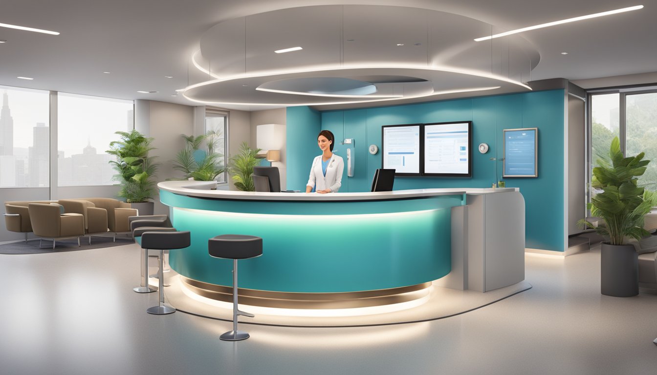 A modern medical concierge desk with a friendly receptionist, digital screens, and comfortable seating area