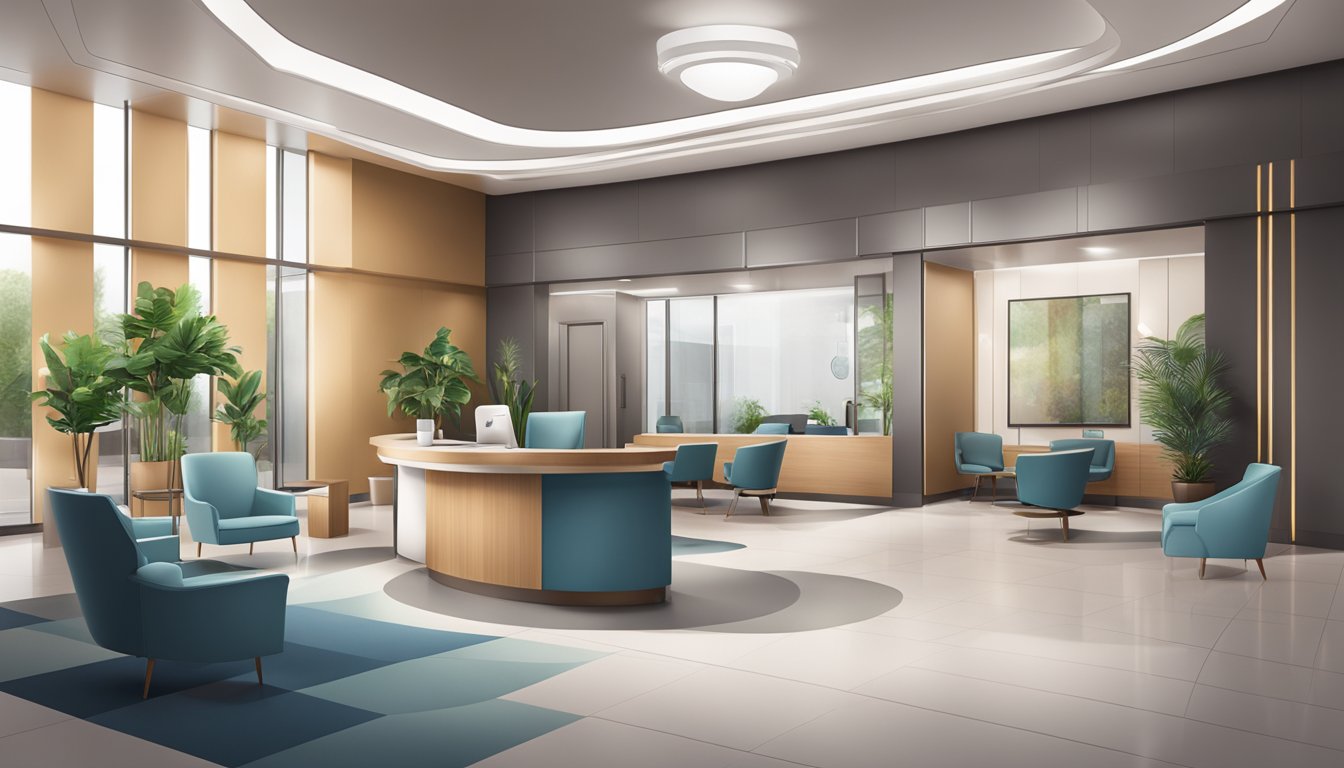 A modern, sleek medical concierge office with a welcoming reception area, comfortable seating, and professional staff assisting clients