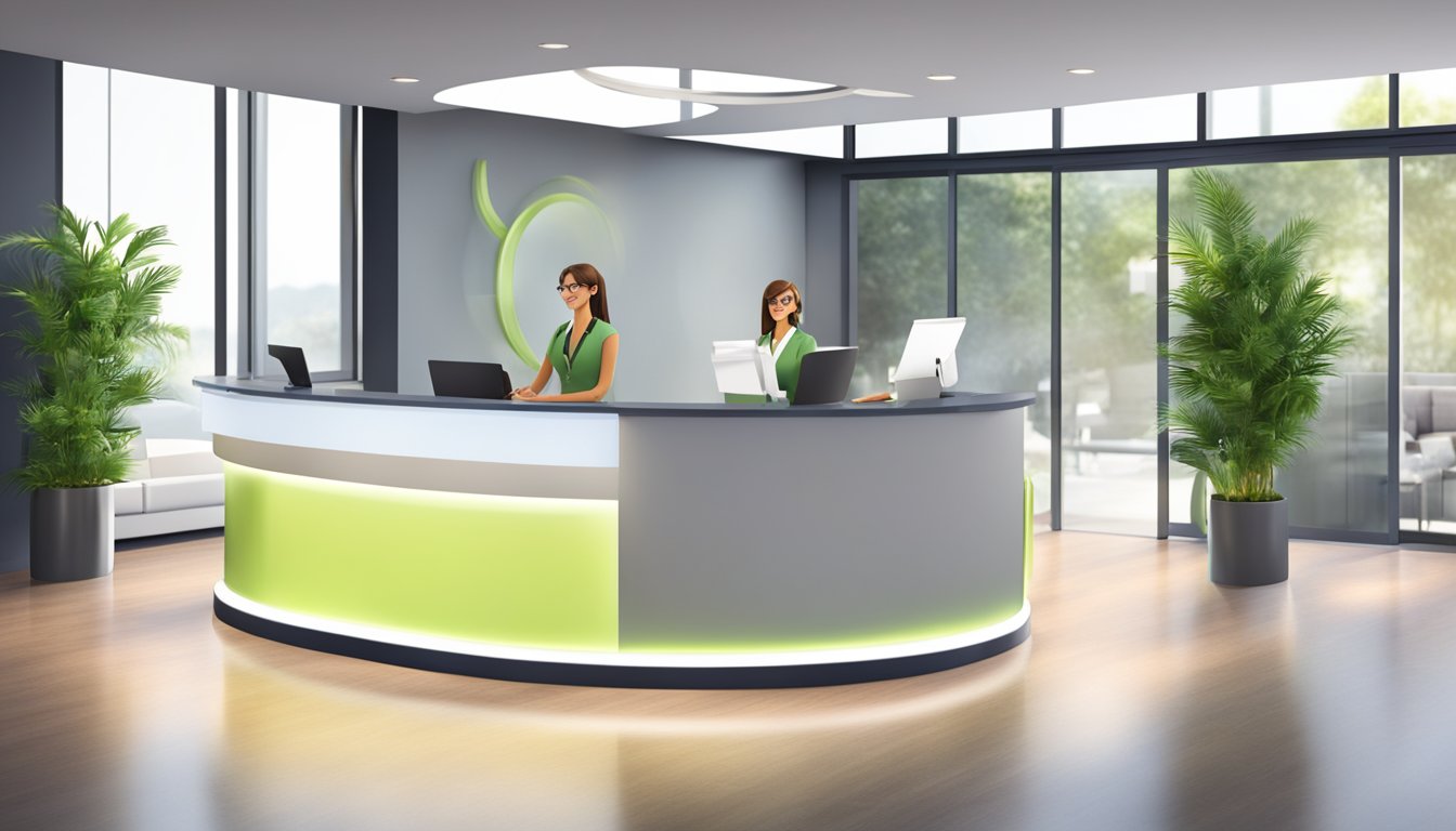 A sleek, modern medical concierge desk with a friendly receptionist assisting a customer. Bright, welcoming atmosphere with a professional, organized layout