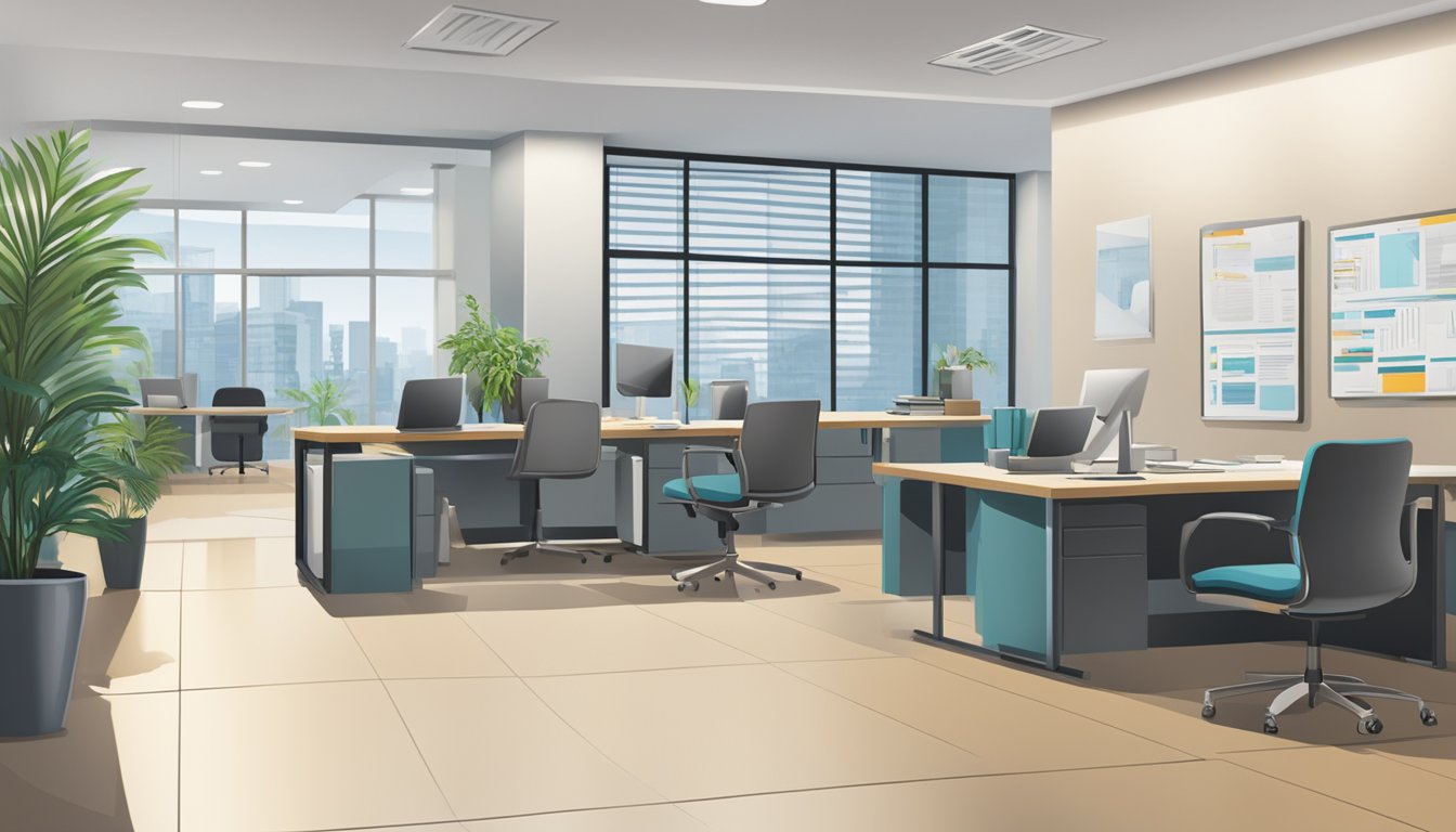 The scene depicts a modern office setting with a desk, computer, and phone. A sign displaying "Contact Information & Opening Hours HL Assurance - Medical Concierge SG Review" is prominently featured on the wall
