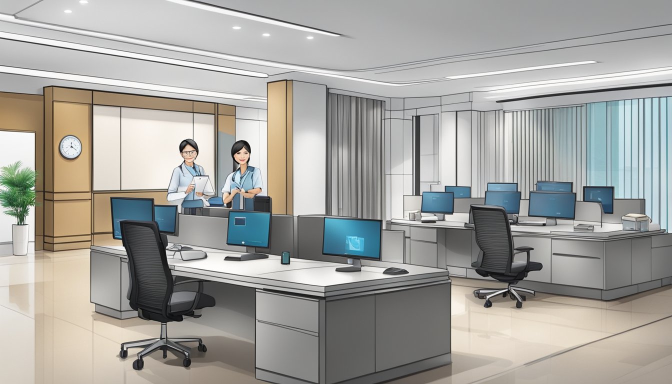 A modern medical concierge service in Singapore, featuring a sleek and professional environment with state-of-the-art facilities and a team of expert staff