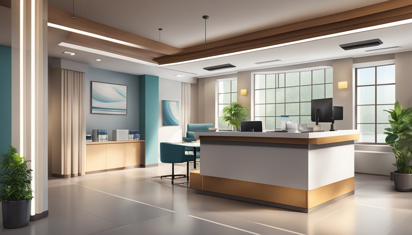 A sleek and modern medical concierge office with a warm and inviting atmosphere, complete with comfortable seating and a friendly reception area