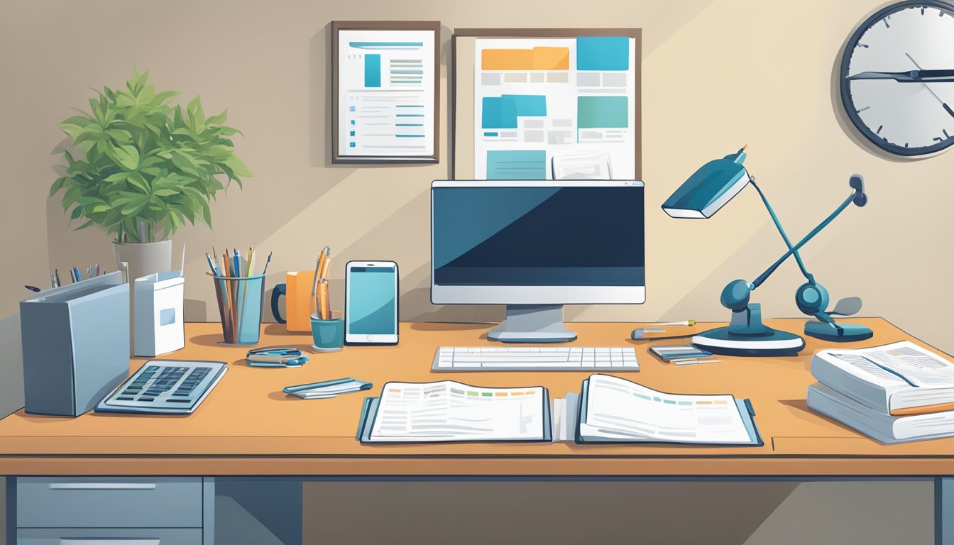 A desk with a computer, phone, and paperwork. A medical brochure and a pen are placed neatly on the desk. A calendar with highlighted dates is on the wall