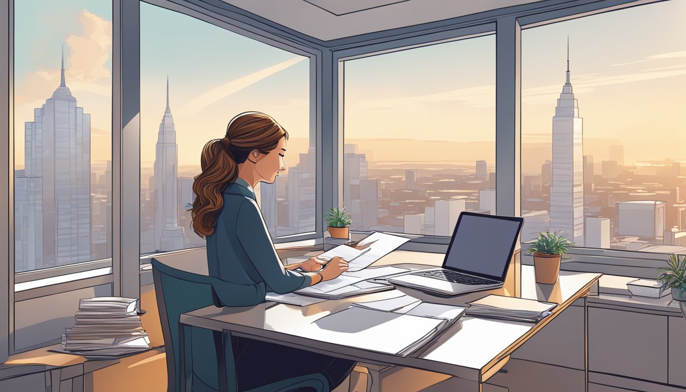 A woman sits at a desk, typing on a computer. A stack of papers and a pen are nearby. The room is bright and modern, with a view of a city skyline through the window