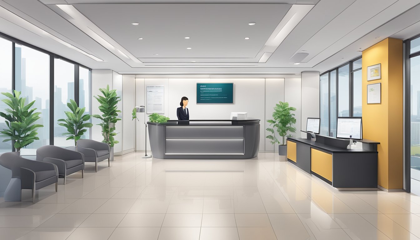 A modern office with a sleek reception desk and comfortable waiting area. A sign displaying "Contact Information & Opening Hours Eunogo - Medical Concierge SG Review" is prominently displayed