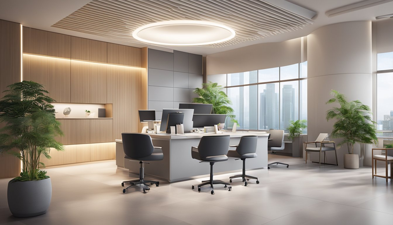 A modern, spacious medical concierge office in Singapore, with sleek furniture, state-of-the-art equipment, and a calming ambiance
