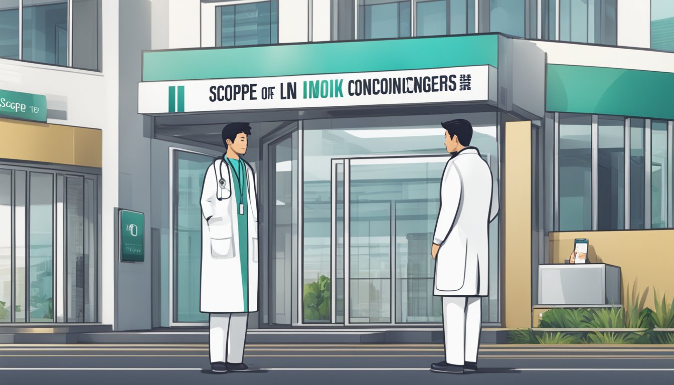 A doctor in a white coat standing in front of a modern clinic, with a sign that reads "Scope of Services Link Doctors: Medical Concierge in Singapore."