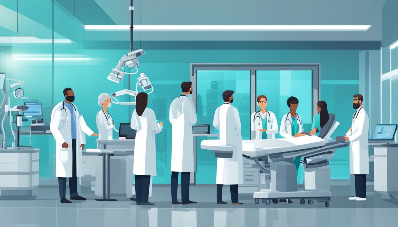 A group of doctors stand in a modern medical facility, surrounded by state-of-the-art equipment. They engage with patients, offering personalized care and attention