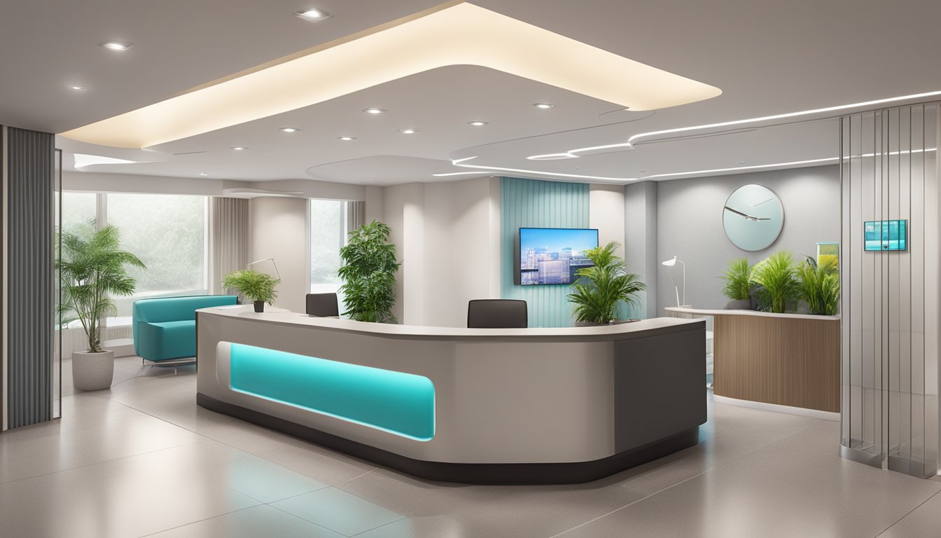 A bright, modern medical concierge office in Singapore, with a sleek reception desk and comfortable waiting area. Open hours displayed prominently