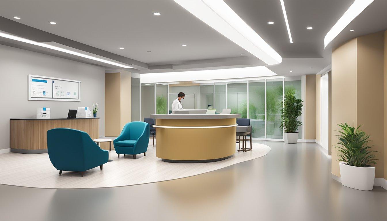 A modern, welcoming reception area with comfortable seating and a professional, friendly staff assisting patients. A sleek, minimalist design with the UOB Medical Concierge logo prominently displayed