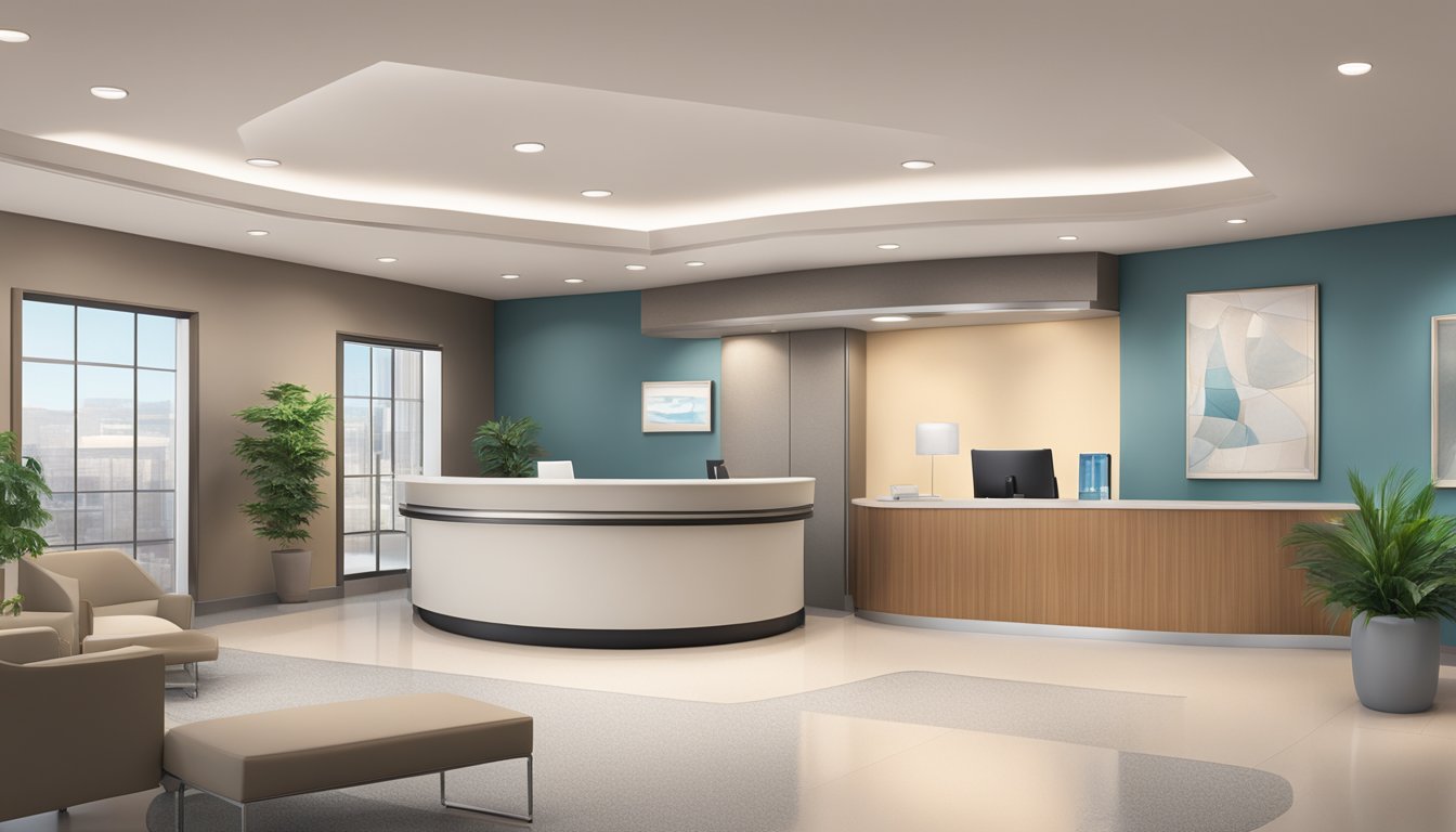 A modern, spacious medical concierge with sleek design, comfortable seating, and a reception desk. Soft lighting and calming colors create a welcoming atmosphere