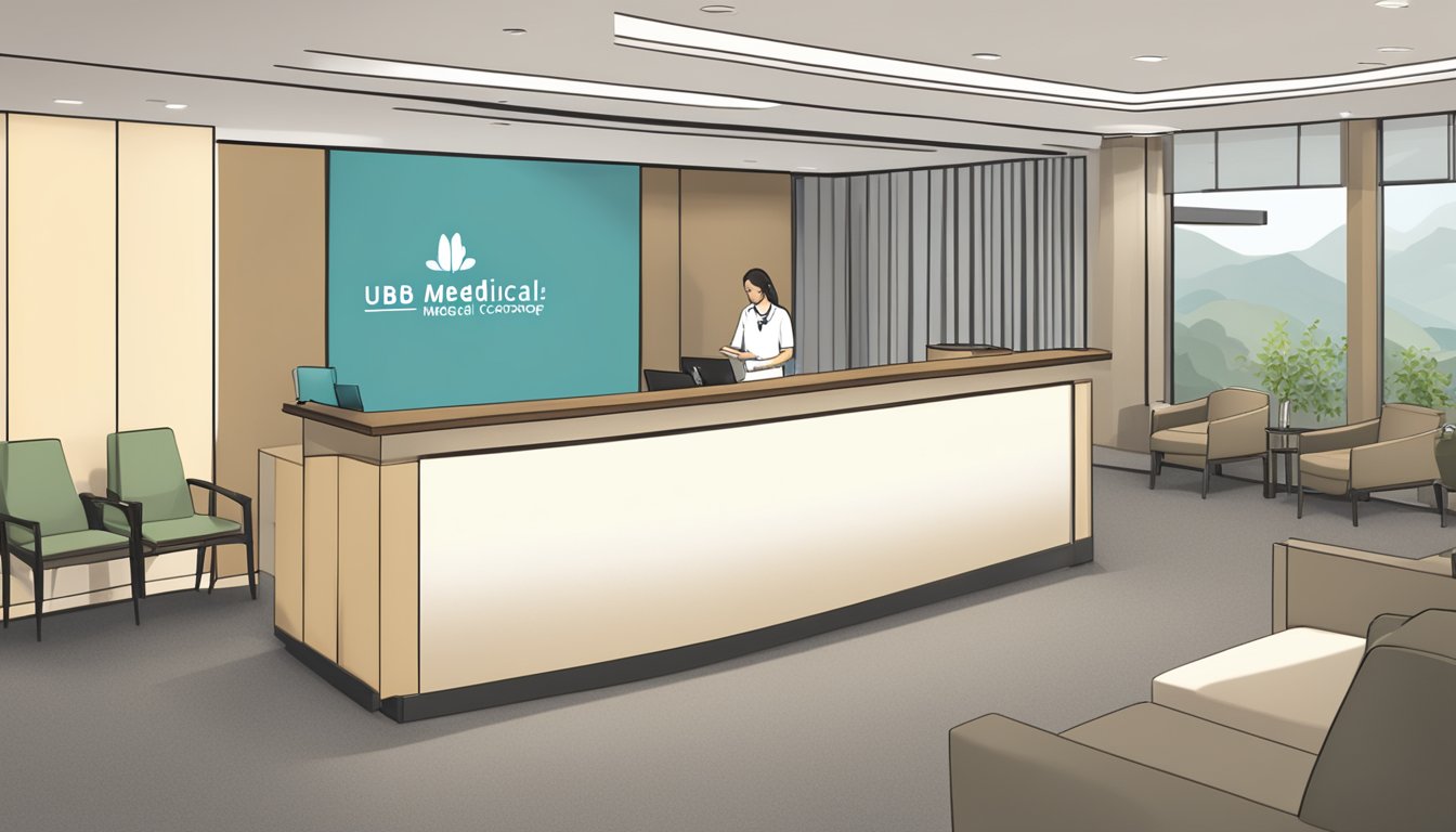 A serene waiting area with modern furniture and soft lighting, a reception desk with the UOB Medical Concierge logo, and a friendly staff member assisting a patient