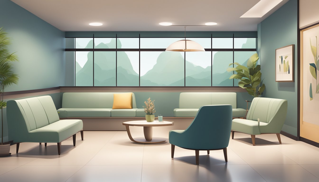 A serene waiting area with modern decor, comfortable seating, and a reception desk. Soft lighting and a calming color scheme create a welcoming atmosphere
