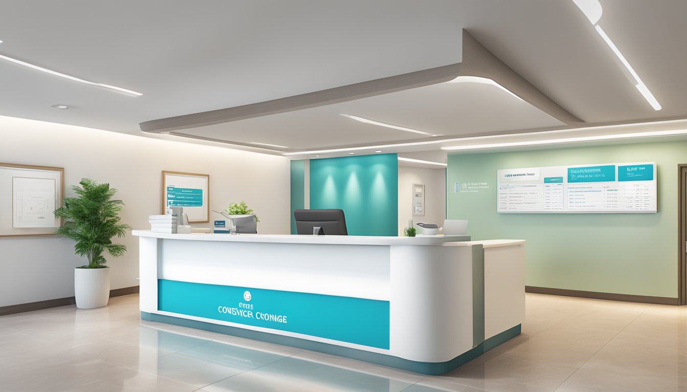 A bright, modern medical concierge desk with a sign displaying "Contact Information & Opening Hours UOB Medical Concierge - Medical Concierge SG Review" in a clean, professional setting