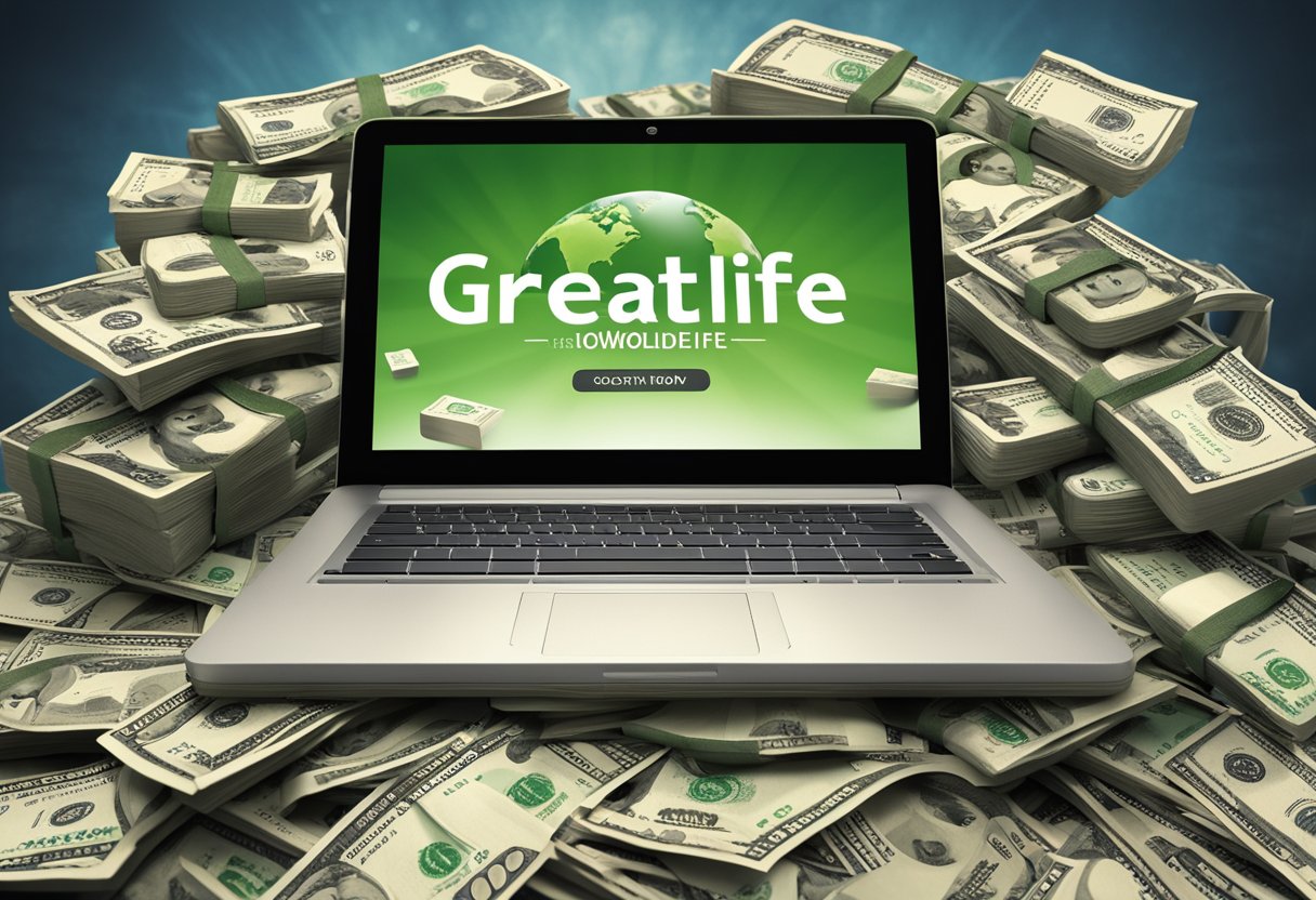 A laptop displaying "GreatLife Worldwide" website with money symbols and a "Join Now" button. A stack of cash and a globe in the background