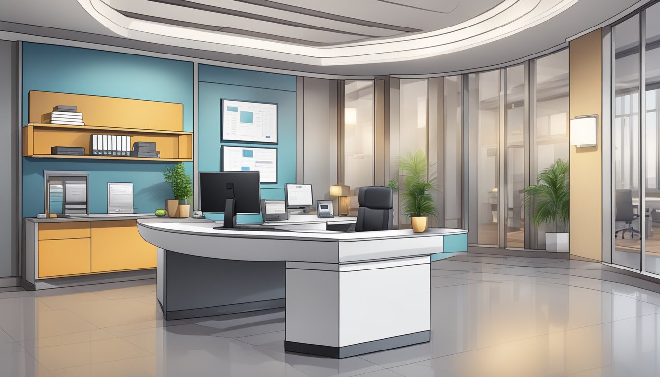 A modern medical concierge desk with a sleek computer, phone, and paperwork. A professional, organized space with a welcoming atmosphere