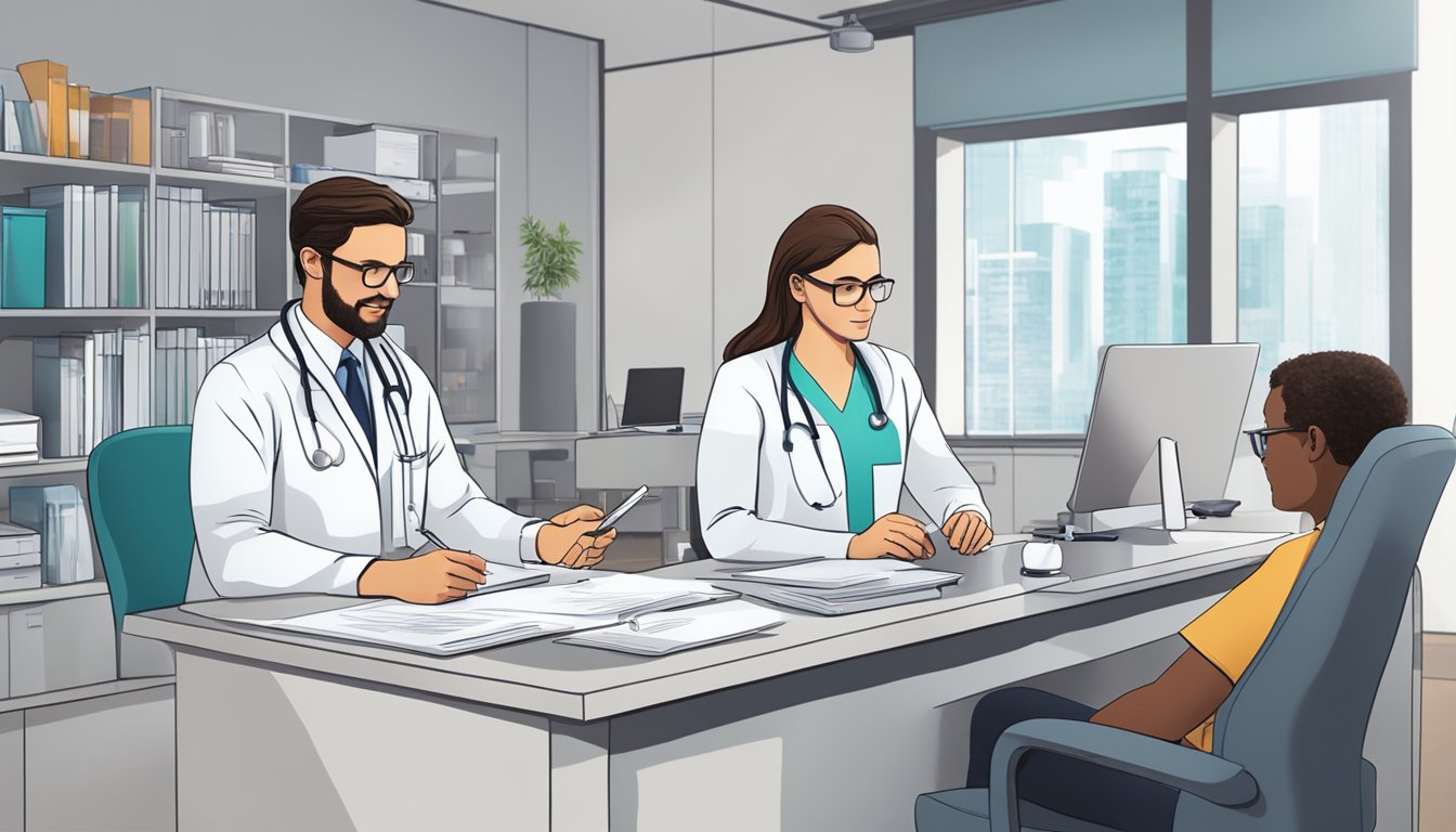 A doctor and patient discussing medical care in a modern, well-lit office setting. Medical equipment and paperwork are visible