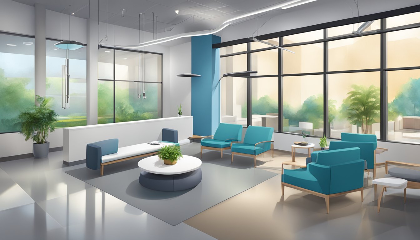 A modern orthopaedic center with sleek waiting area, state-of-the-art equipment, and professional staff assisting patients