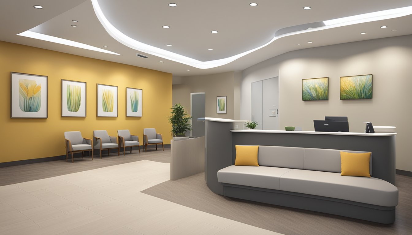 The Centre for Orthopaedics is a modern medical facility with state-of-the-art equipment and a calming atmosphere. The reception area is spacious and well-lit, with comfortable seating and a sleek, minimalist design. The walls are adorned with soothing artwork,